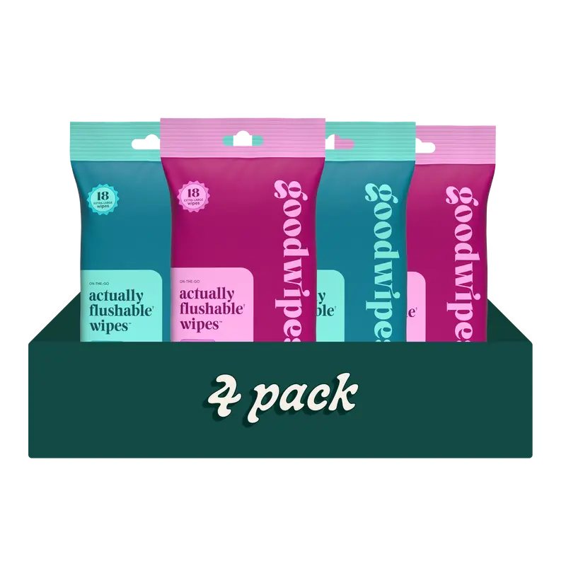 Goodwipes Variety Travel Pack - 4pack | 18ct - Rosewater & Shea-Coco - Travel Flushable Wipes  for Sensitive Skin and Everyday Use