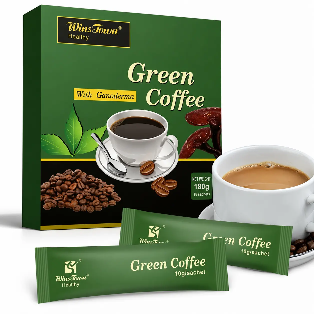 WinsTown Green Coffee with Ganoderma Instant Coffee Mix | 18 Sachets | 180g | Smooth Daily Coffee Blend