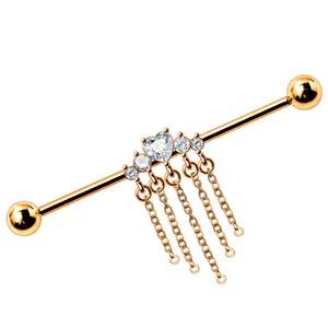 Multi Gems with Dangling Chains Industrial Barbell - Gold Plated 316L Stainless Steel
