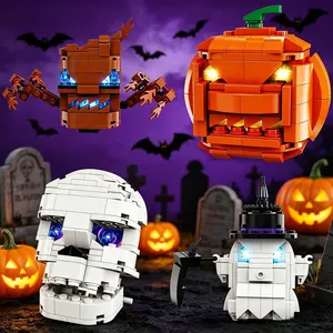 4 Pack Halloween Building Toys with LED Lights, Halloween Building Blocks Set, Pumpkin/Ghost/Skull/Demon, STEM Educational Toys for Kids 6+, Halloween Party Decorations, Trick or Treat Gift