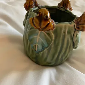 Majolica style small Frog planter vase ceramic clay pottery
