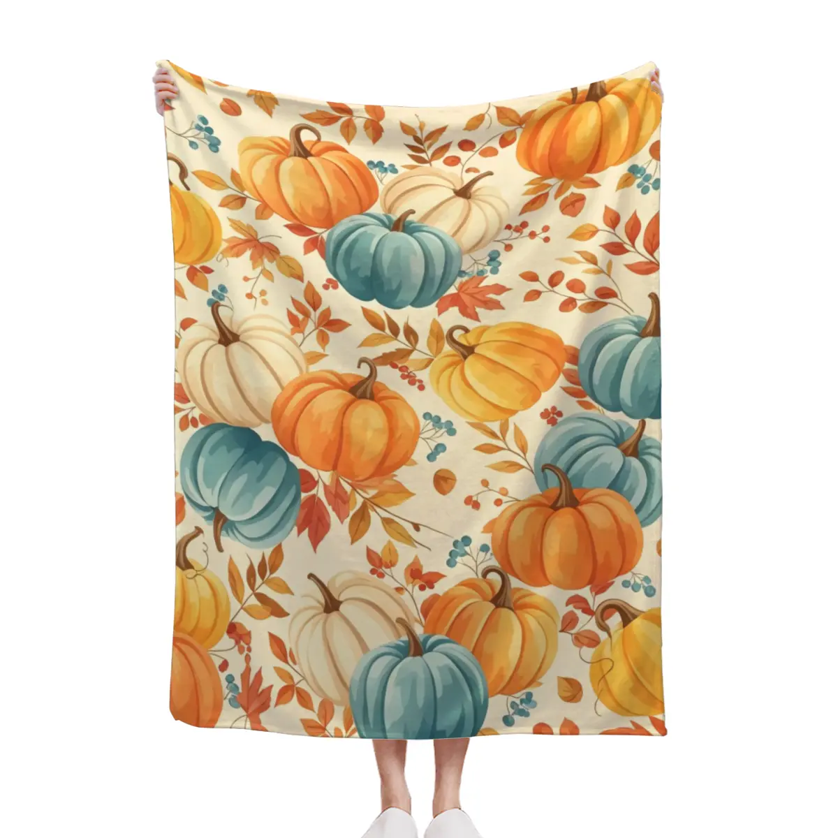 Watercolor Pumpkin Flannel Quilt - Elegant Autumn Harvest Print, Extra Soft, Lightweight, Warm, Cozy, Anti-Pilling, Anti-Allergic - for Sofa, Bed, Gift Occasions, Anti-Allergic Quilts