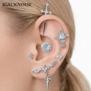 Women’s Ear Stud Set with Cross and Angel Wing, Blue Stone Cartilage and Helix Earrings