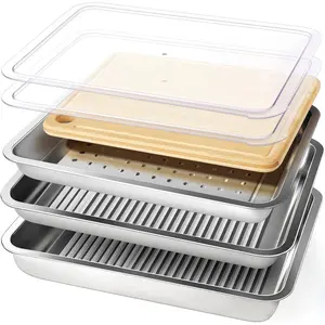 Grilling Prep and Serve Trays, Stainless Large Capacity Food Prep Tray, Grill Carry System, Marinade Container with Lid and Cutting Board, BBQ Grill Accessories, Grilling Gifts for Men