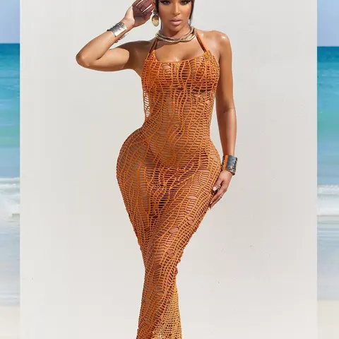 Three-Piece Set Women's Solid Color Crochet, Casual Hollow Out Sleeveless Cover Up Dress & Bikini Set, Ladies Summer Swimwear, Swimsuit for Holiday, Beach Outdoor Wear, Cover Up Beachwear, Beachwear Coverups