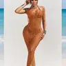 Three-Piece Set Women's Solid Color Crochet, Casual Hollow Out Sleeveless Cover Up Dress & Bikini Set, Ladies Summer Swimwear, Swimsuit for Holiday, Beach Outdoor Wear, Cover Up Beachwear, Beachwear Coverups