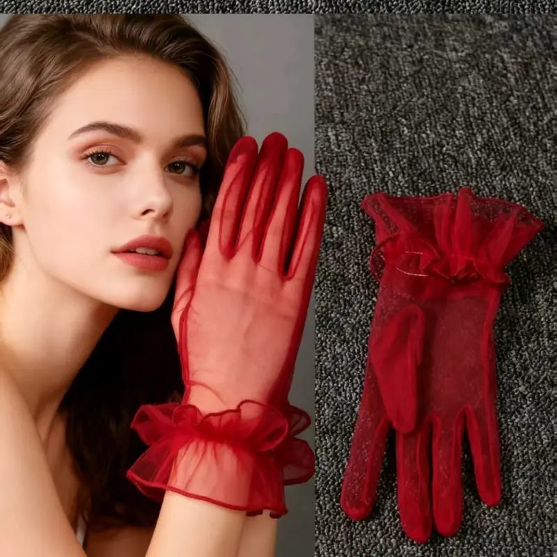 Bridal Gloves for Women - Korean Style, Transparent Thin Net Lace, Short Length, Colored, Black, White, Red, Pink, Opera Ball, Sexy, Accessories