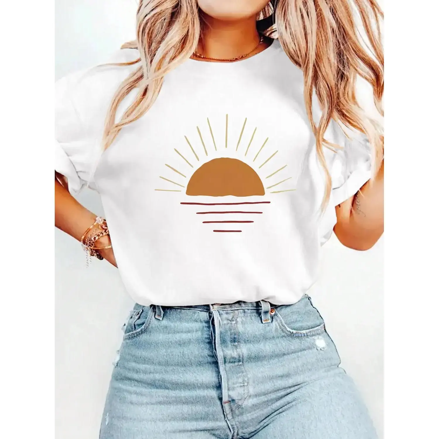 Casual Loose Fit Round Neck Knit T Shirt for Women Featuring Sun Print Design and Breathable Soft Fabric Ideal for Daily Use and Summer