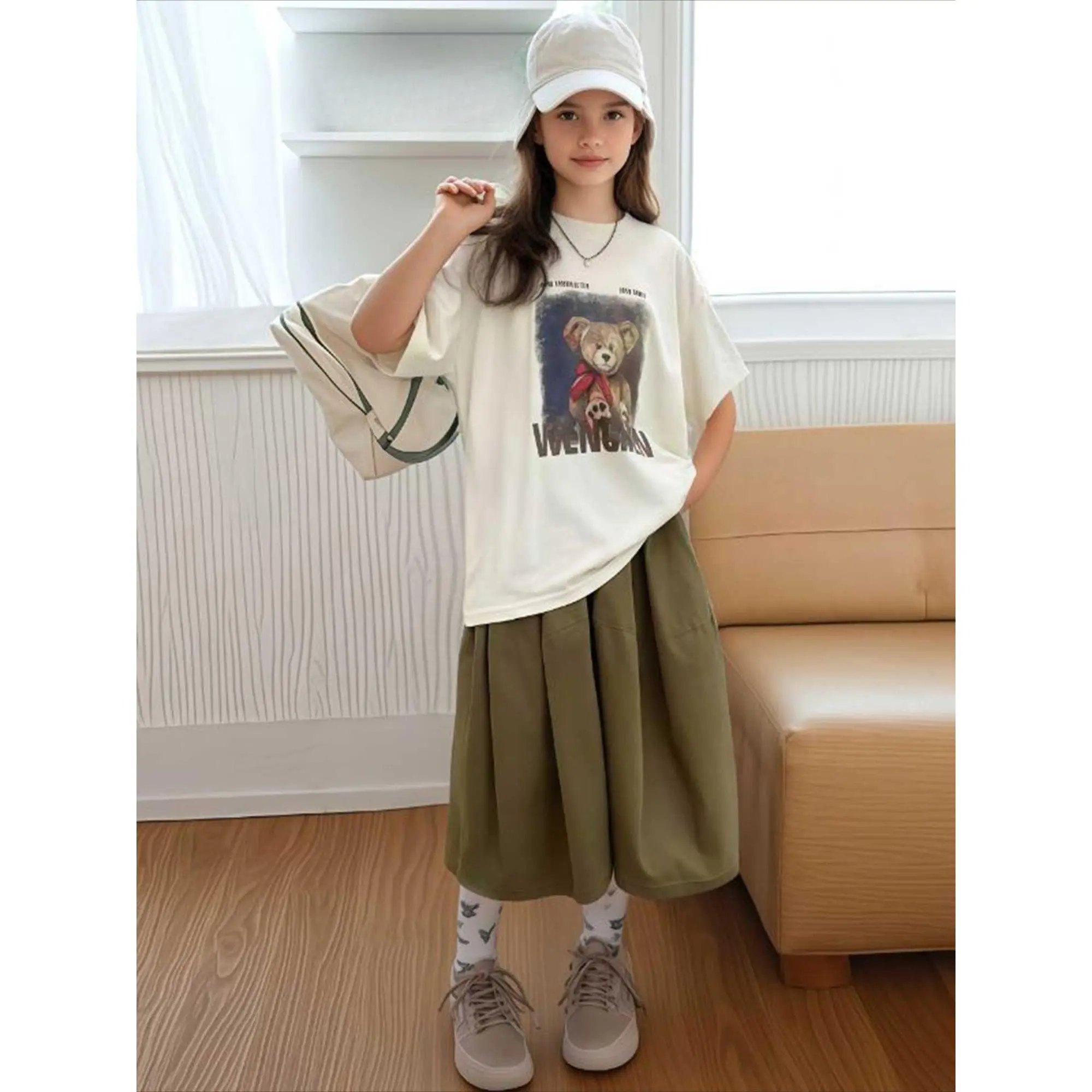 Big Girls Cartoon Tee & Wide Leg Cargo Pants Set 2026 |       Summer 2-Piece Outfit for Tweens |       Casual Loose Fit Coord