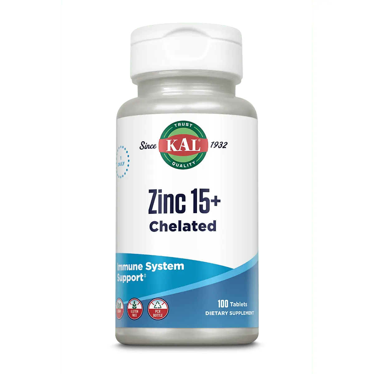 KAL Zinc 15+ Chelated Tablets - Dietary Supplement for Immune System Support - 100 Tablets in Jar