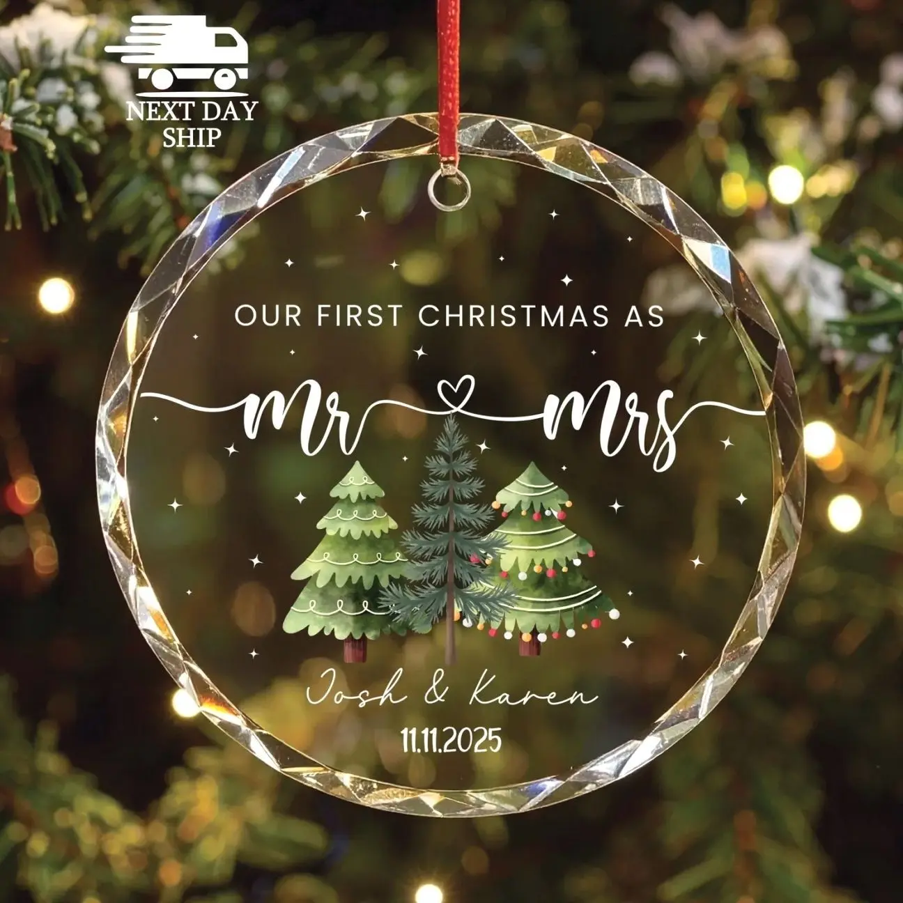 Custom Name Glass Ornament, Our First Christmas As Mr & Mrs Ornament, Gift for Newlywed, Gift for Couple