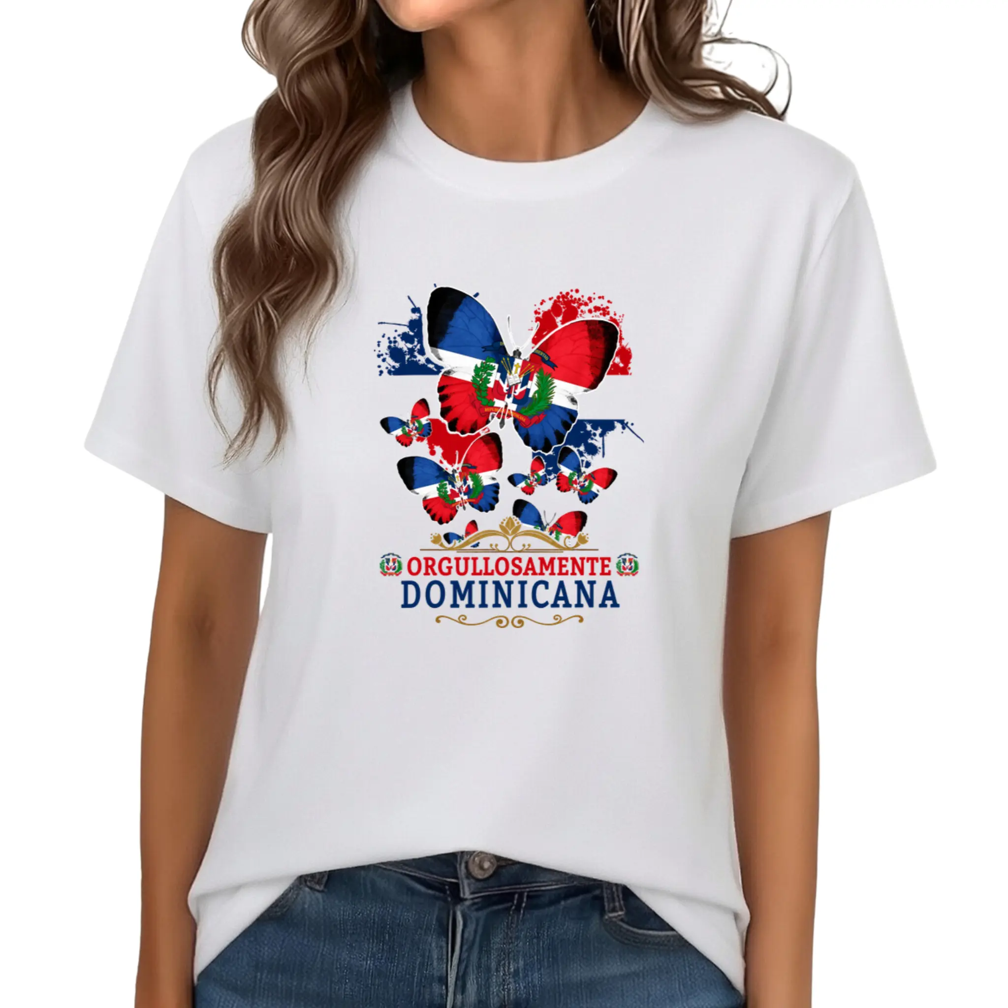 Lady's Short-Sleeve Round Neck Cotton T-Shirt, Women's Top with Dominican Republic Flag Butterfly Print, Ideal for Casual Wear & Holiday Gifting
