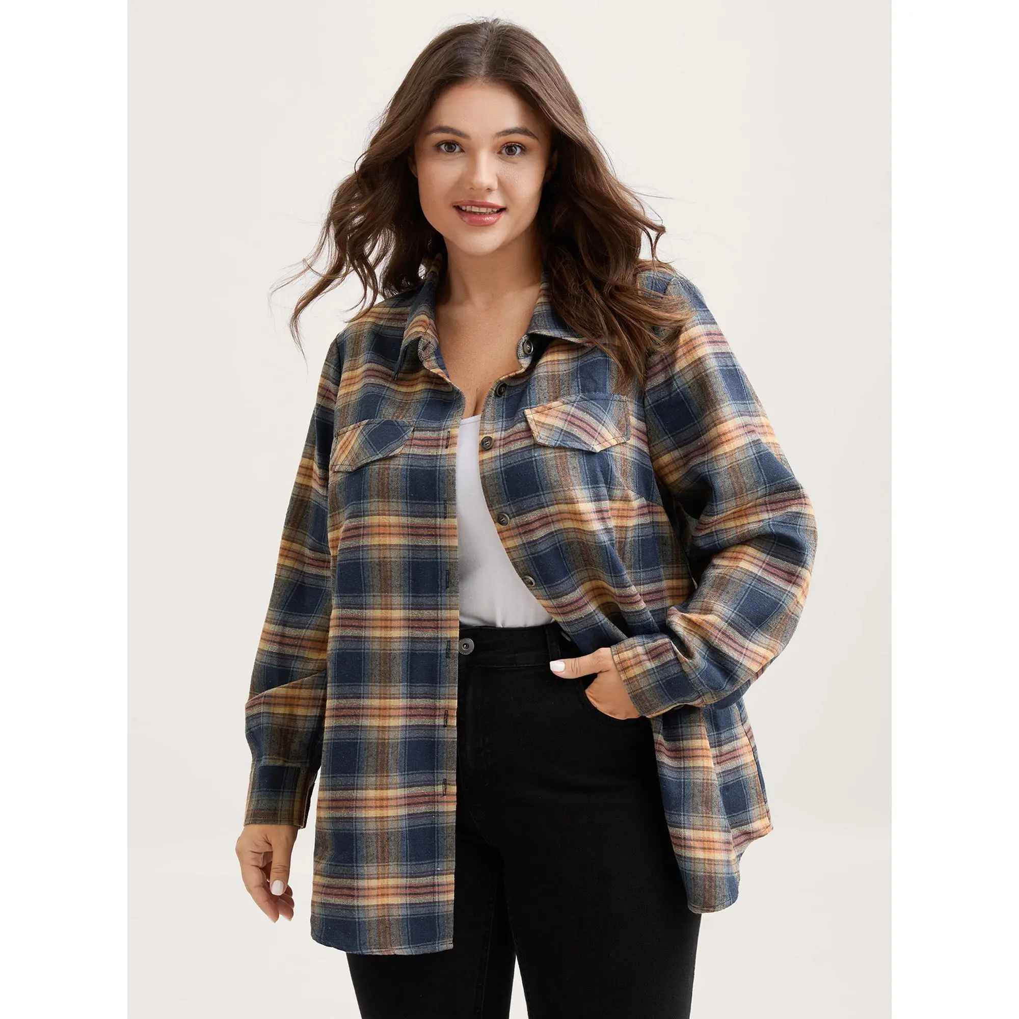 BLOOMCHIC Women's Plus Size Plaid Pattern Button-Front Long Sleeve Cuffed Blouse Tops [M-6X] - Polyester Blend Wardrobe Staple, Comfy Smooth Breathable Fabric, 2026 Summer Casual Loose Fit, Adjustable Sleeves, Tunic Length, Chic Curves Everyday Shirt