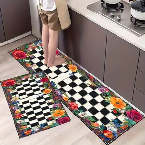 1pc HKStorage Checkered & Floral Print Non-Slip Mat - Black/White/Red/Green/Blue/Pink Beige Soft Durable Mat, Hallway, Laundry Room, High-Traffic Areas - Large Rectangular Mat (Easy-Clean Checkerboard