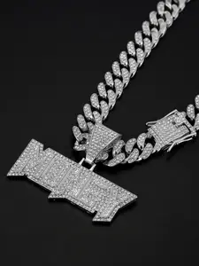Hip Hop Full Diamond Money Letter Pendant Necklace, Alloy Chain Street Style Art Culture Jewelry, Unisex Fashion Accessory, Rhinestone Necklace, Iced Out Jewelry