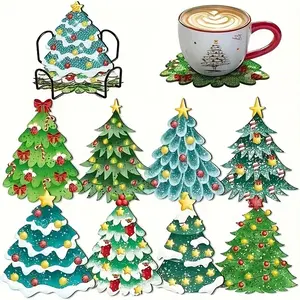8pcs/set DIY Diamond Painting Coasters Set, Multi-Design Bright Ab Crystals, Perfect Desktop Decor Gift, Includes Iron Cup Holder, Christmas, Diamond Art Coasters