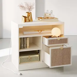 ModerMate Lateral File Cabinet 2 Drawer, Wood Filing Cabinet for Home Office with Lock, Power Strip & Storage Shelves, Fits Legal/Letter Size, White Rattan