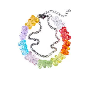 Acrylic Teddy & Gummy Bear Charm Elastic Bracelet Candy Color Double Layer Titanium Steel Y2K Rich Girl Aesthetic InsViral Photogenic Jewelry Summer Beach Candycore Style Playful TikTok Trending Stackable Bracelet Gift Idea