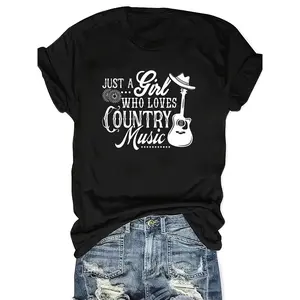 Women's Vintage Casual Short-Sleeve Crew Neck Cotton Tshirt - Light Beige Fitted Top with Cartoon Guitar & Hat Print, "Just a Who Loves Country Music" Slogan, Soft Machine-Washable Fabric for Christmas, Streetwear