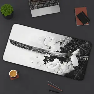 Cinematic Samurai Sword Gaming Mouse Pad - Japanese Ink Art Aesthetic Desk Mat - Black and White Samurai Katana Extended Mousepad - Pro Gaming Desk Mat