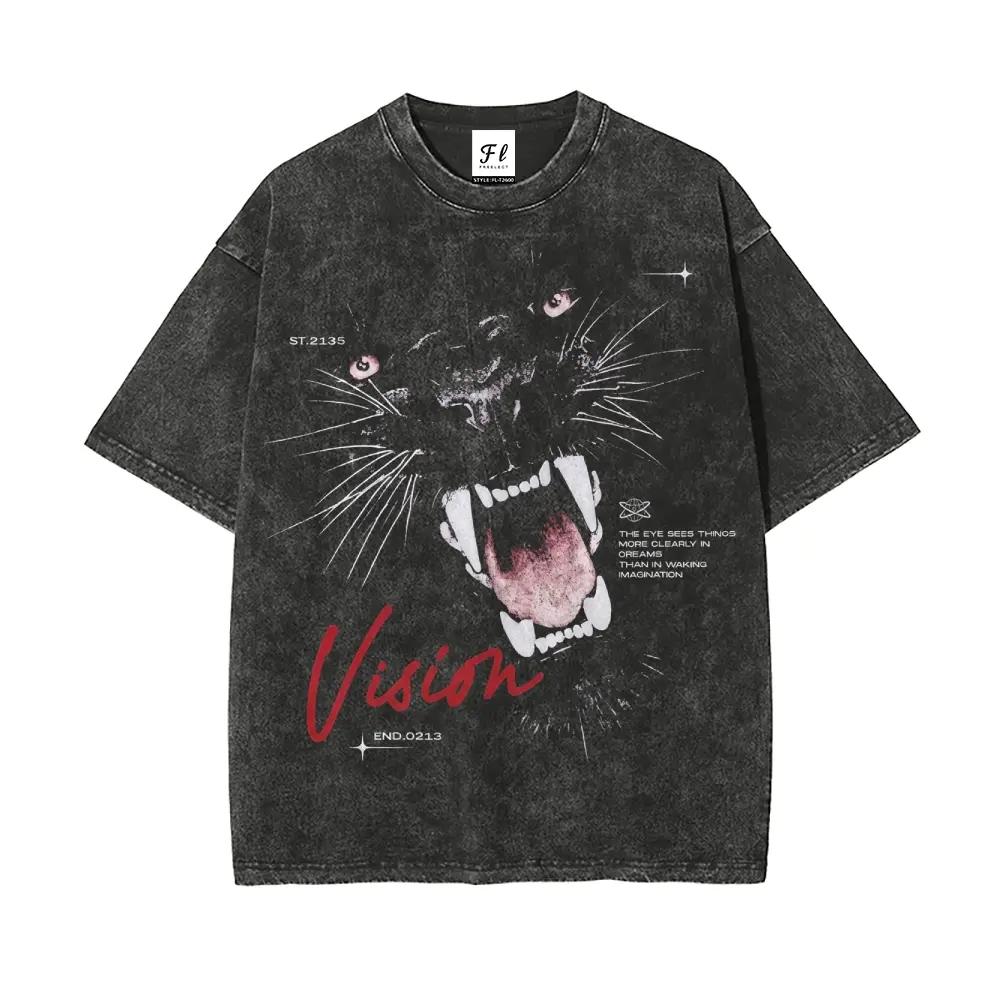 Men's T-Shirt in Heavyweight 260g Vintage Washed Cotton, Roaring Panther Graphic, Oversized Streetwear Aesthetic for All Seasons, Shortsleeve, Fabric, Fashion Apparel, Vintage Washed Look