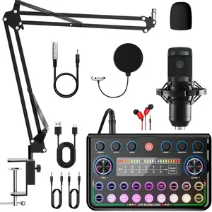 Podcast Equipment Package, USB Rechargeable Microphone Set, Live Sound Card & Audio Interface with DJ Mixer Effects & Voice Changer for YouTube Live, PC, TikTok, Recording Studio & Gaming