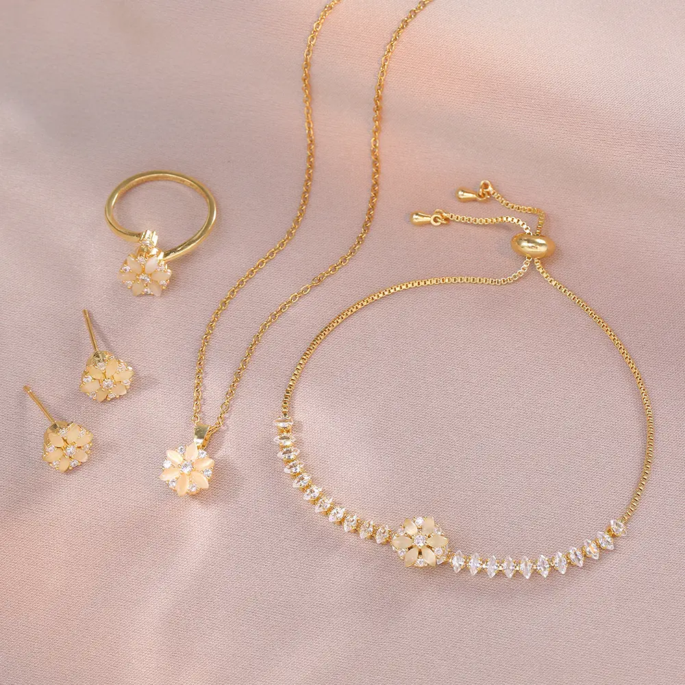 5PCS Jewelry Set, Cat eye Necklace for Women Rotating Flower Zircon Necklace Earrings Fashion Bracelet Ring Set Clavicle Chain