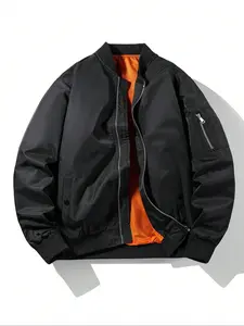 Men's Regular Fit Solid Baseball Collar Bomber Jacket Coats, Casual Comfy Long Sleeve Outerwear for Daily Outdoor Wear, Men's Cloths for Spring & Fall
