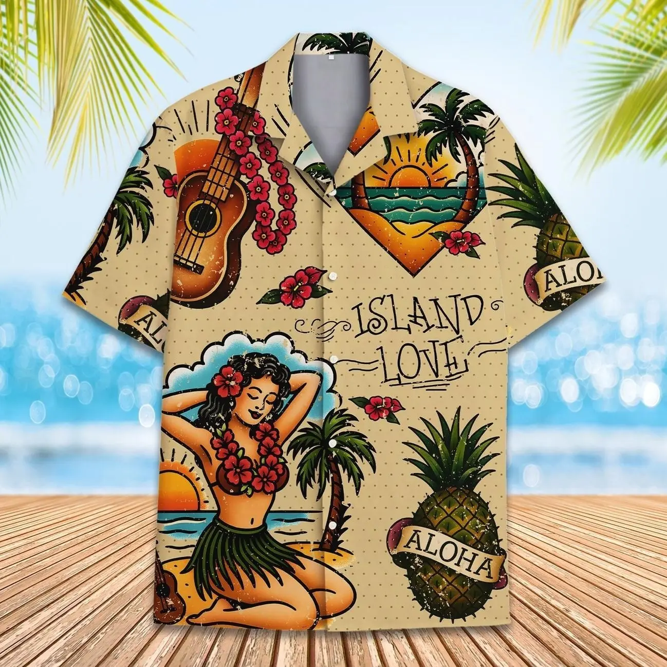 Island Love Hawaiian Shirt Men Women Youth, Vintage Aloha Short Sleeve Button-Down with Tropical Guitar & Hula Girl, Summer Beach Shirt