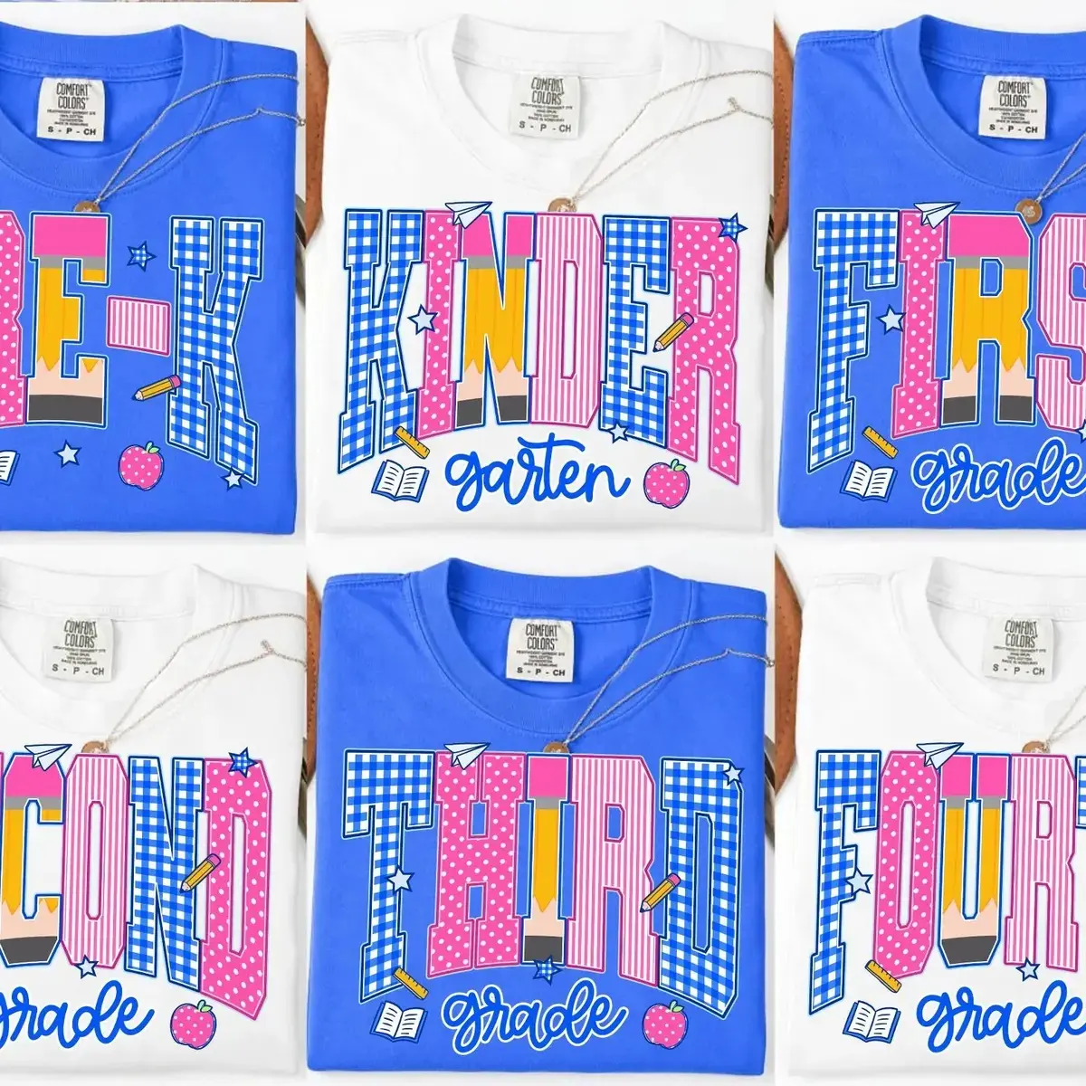 Comfort Colors Preppy Back To School Teacher Shirt, Blue Gingham Stripes Tee, Pre-K To Fourth Grade Apparel, Teacher Pencil Wear, First Day Of School Outfit - JACKSON HOAI STORE