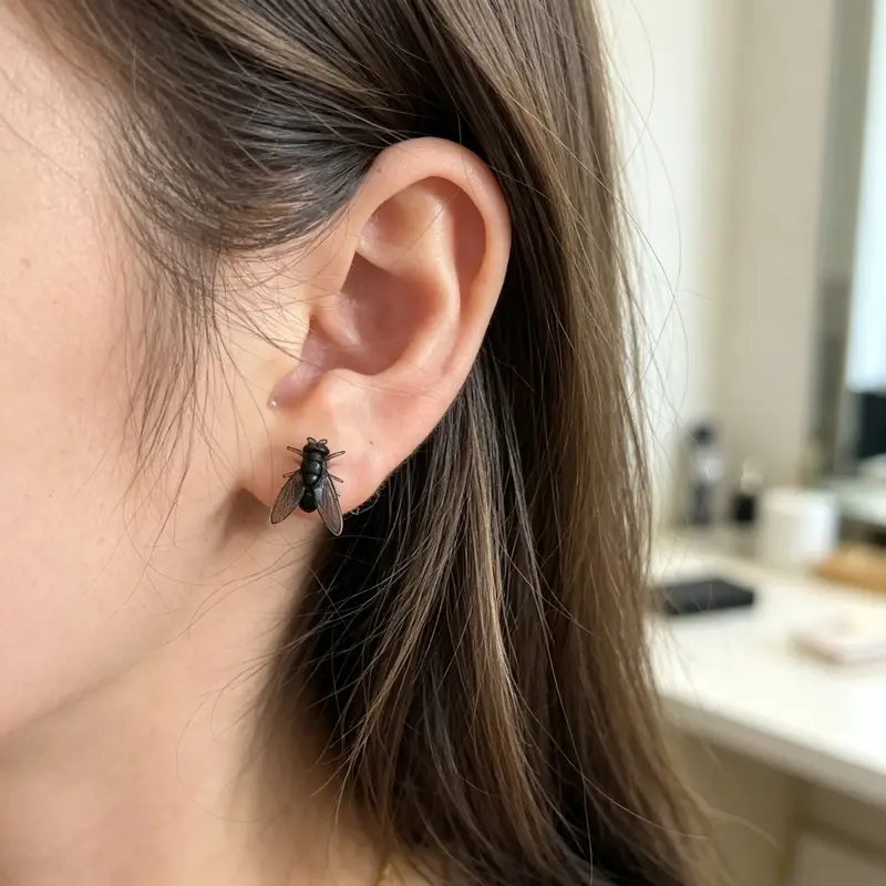 Realistic Fly Stud Earrings Set - Unisex Synthetic Resin Funny Horror Animal Theme Costume Earrings with Molded Wing Details, 0.4-Inch Wingspan, Halloween Prank Props & White Elephant Gifts