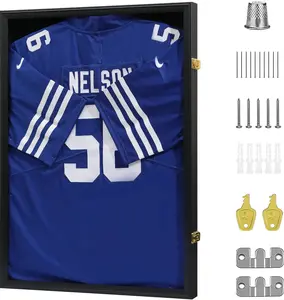 Jersey Frame Display Case - Football Jersey Shadow Box - Jersey Display Frame with Acrylic Door and Hanger for Baseball Basketball Soccer Hockey Sport Shirt and Uniform,Black