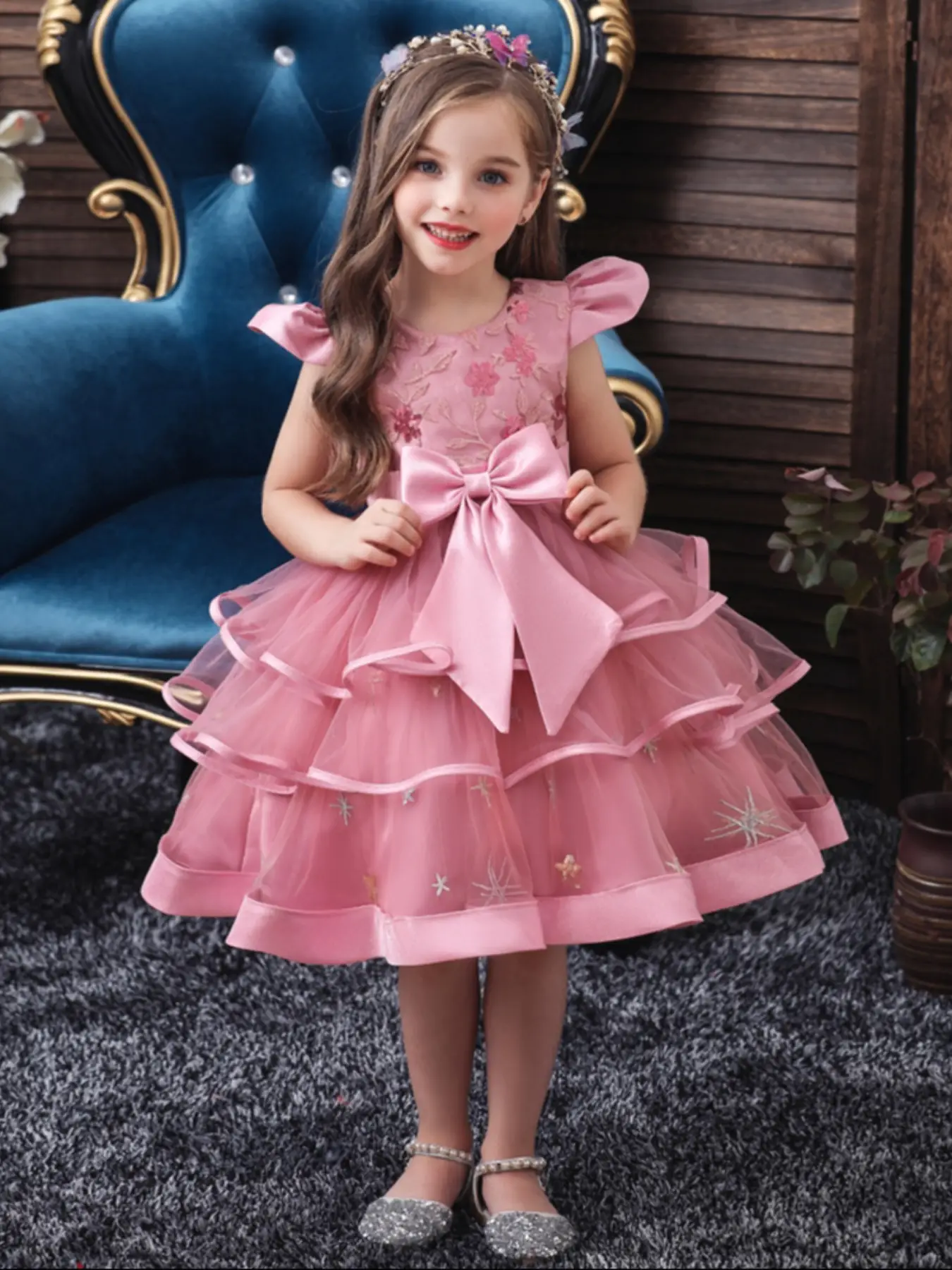 Leaf Embroidery Tulle Dress, Elegant Fashion Dress for Party, Kids Clothes for All Seasons