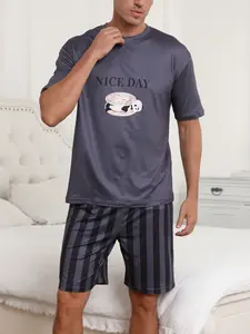 Men's Round Neck Cartoon Print Pajama Set, Comfortable Sleepwear with Matching Top and Bottoms, Casual Nightwear for Men