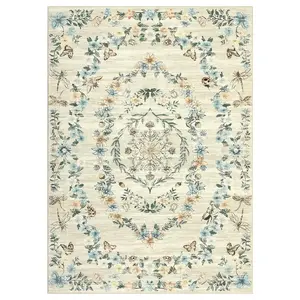 8 x 10 ft Polyester Beige Rectangular Hallway Bathroom Entryway Kitchen Office Foldable Flower Printed Washable Area Rug