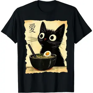 100%25 Cotton Funny Cat Ramen Graphic Tee Japanese Kawaii Anime Cat T-Shirt