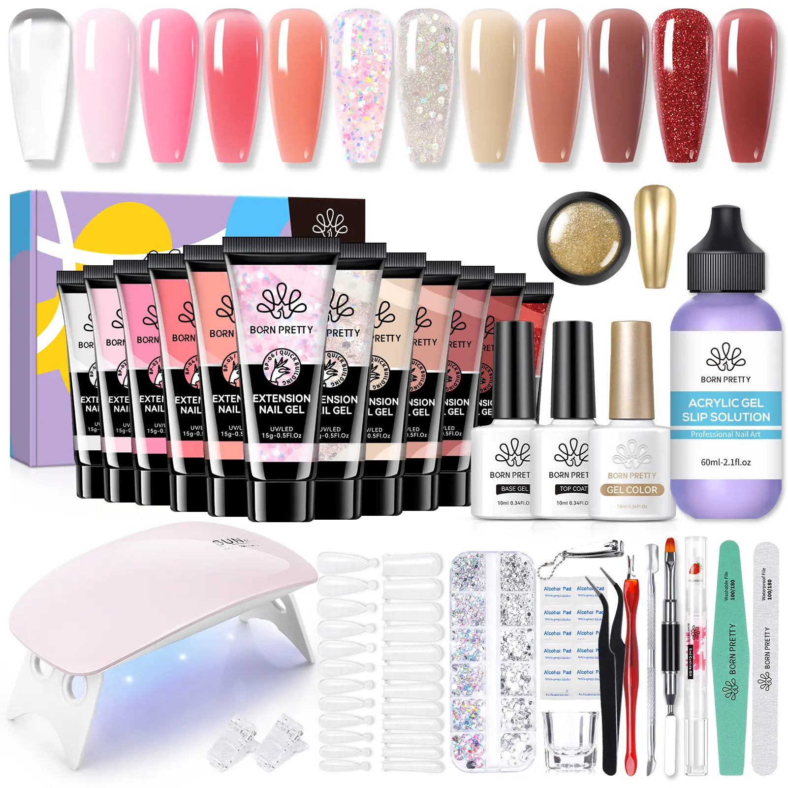 BORN PRETTY Poly Extension Gel Kit-12/6 Colors Extension Nail Gel Kit Nude Clear Jelly Pink All-In-1 Kit Builder Glue Gel with Nail Lamp Base Top Coat Set Nail Forms French Manicure Ideal Gifts Christmas Nails