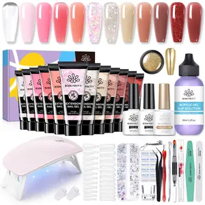BORN PRETTY Poly Extension Gel Kit-12/6 Colors Extension Nail Gel Kit Nude Clear Jelly Pink All-In-1 Kit Builder Glue Gel with Nail Lamp Base Top Coat Set Nail Forms French Manicure Ideal Gifts Christmas Nails