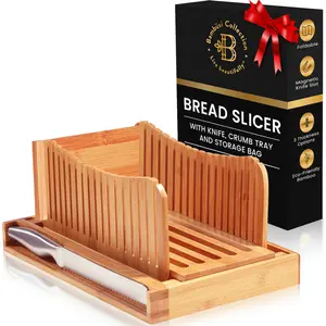 Foldable Bamboo Bread Slicer with Knife and Crumb Tray - Adjustable Bread Cutter for Homemade Loaves Sourdough Bagels and Cakes - Perfect Kitchen Baker Gift