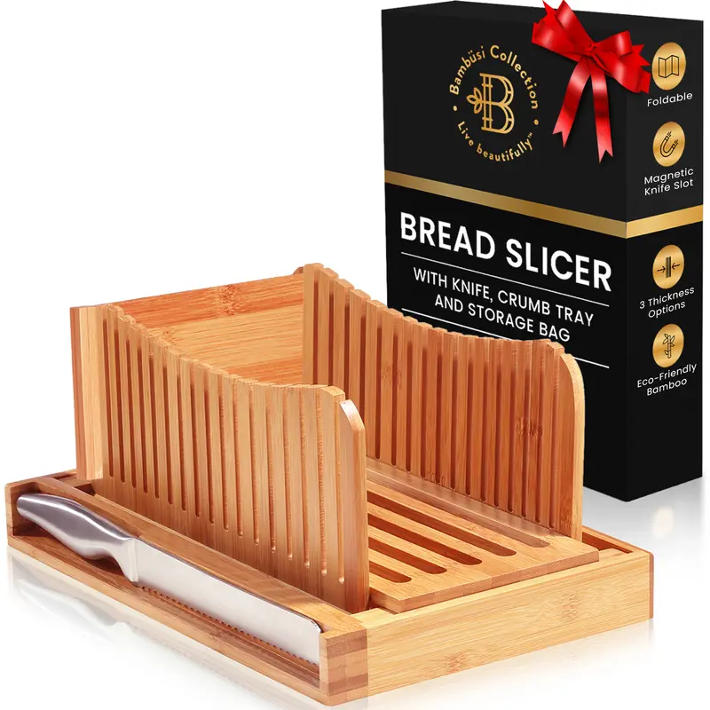 Bambüsi Foldable Bamboo Bread Slicer with Knife & Crumb Tray – Adjustable Bread Cutter for Homemade Loaves, Sourdough, Bagels & Cakes, Perfect Baker's Gift