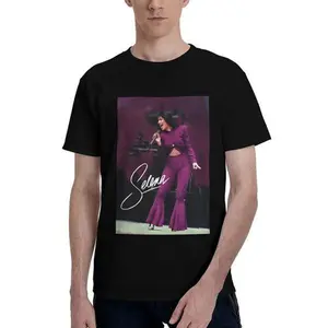 Selena Quintanilla Graphic T-Shirt - Black Casual Crew Neck, Purple Graphic Print Design, Machine Washable, Men's Comfortable Fit