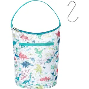 Kids Mesh Shower Caddy - Small Portable Toiletry Tote Bag for Camp Dorm Gym, Quick Dry Hanging Organizer with Zipper Pocket, Black Dinosaur