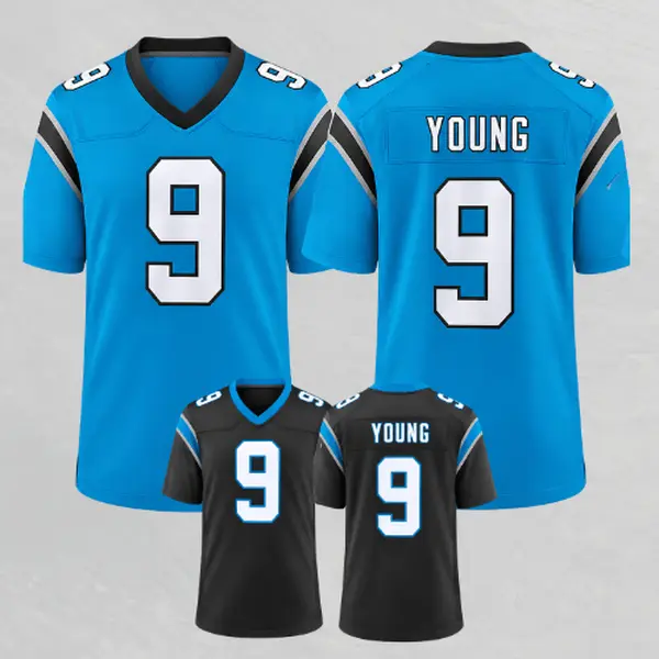 Full Print Bright Blue Young #9 Football Jersey, Men’s Soft Breathable Short Sleeve V Neck Athletic Wear, Classic Retro Game Day Style, Football Fan Merchandise, Player Number Graphic Print, Cool Gift for Fans