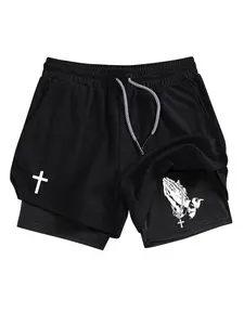 Men's Cross & Letter Print Pocket Gym Shorts, Regular Fit Breathable Quick Drying Shorts for Gym Workout Running, Men's Sportswear for Summer, Streetwear Sports Shorts