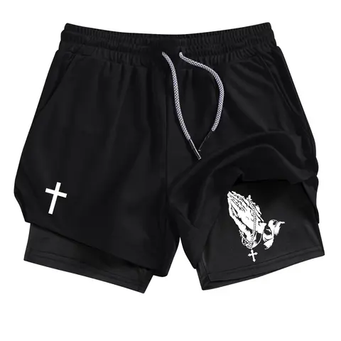 Cross & Prayer Hands Print 2-in-1 Gym Shorts for Men, Summer Breathable Quick Drying Sporty Shorts, Gym Workout Running Shorts with Pockets Towel Loop, Men's Sportswear