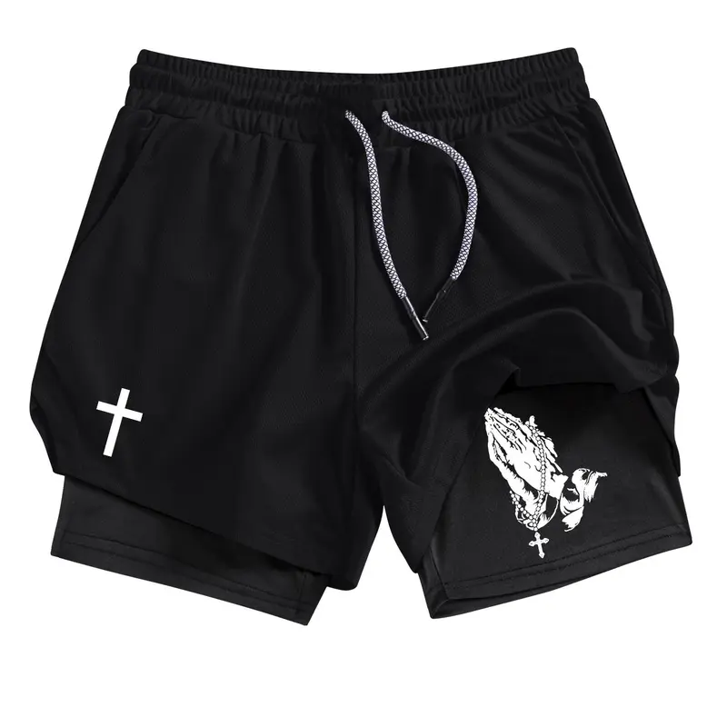 Cross & Prayer Hands Print 2-in-1 Gym Shorts for Men, Summer Breathable Quick Drying Sporty Shorts, Gym Workout Running Shorts with Pockets Towel Loop, Men's Sportswear