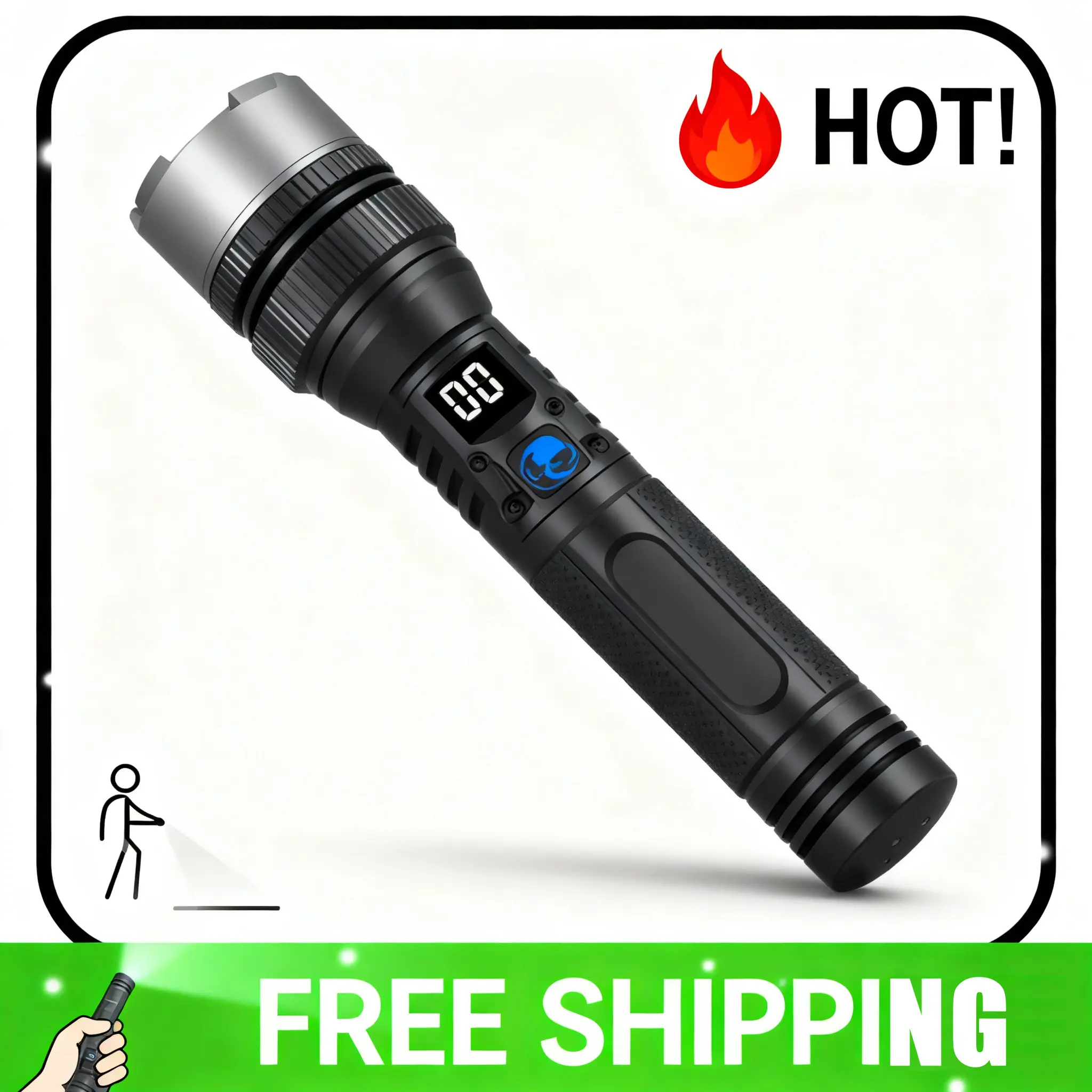 1PC Outdoor 2-in-1 Multifunctional Flashlight Power Bank, Flashlight Lighting, Led Flashlight, Black Device with Digital Battery Display Rechargeable Zoomable Adjustable Brightness Portable Flashlights for Adventure Seekers Campers, Torch Light
