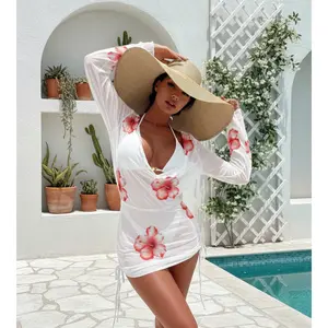 Women's 3 Piece Elegant Long Sleeve Modest Bikini Set with Removable Chest Pads Rash Guard Top High Waisted Bottoms White Red Floral Print All Season Beach Vacation Swimwear