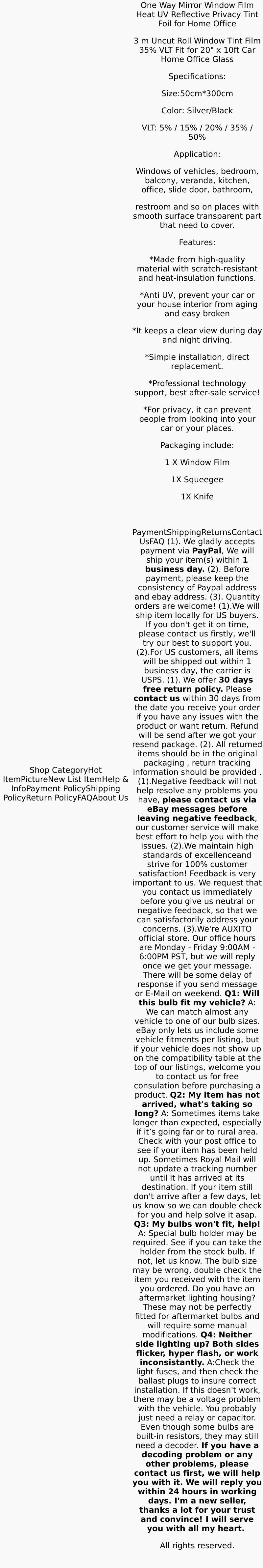 One Way Mirror Window Film Heat UV Reflective Privacy Tint Foil for Home Office