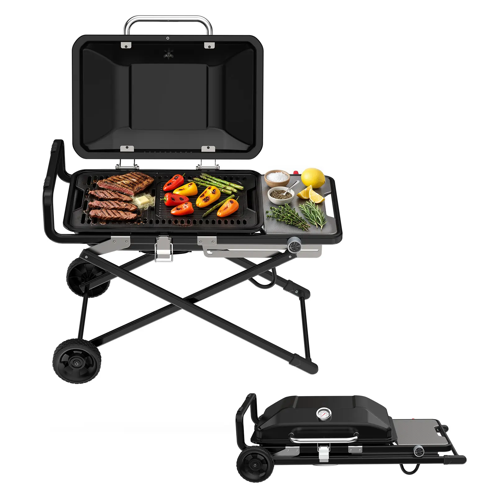 BESTFIRE 2-in-1 Folding Propane Griddle & Grill – Portable BBQ with Enamel-Coated Rust-Resistant Body, Lid Thermometer, 2-Height Stand & Transport Wheels, 13K BTU, Great for Camping, Tailgating & RV Trips barbecue outdoor cooking